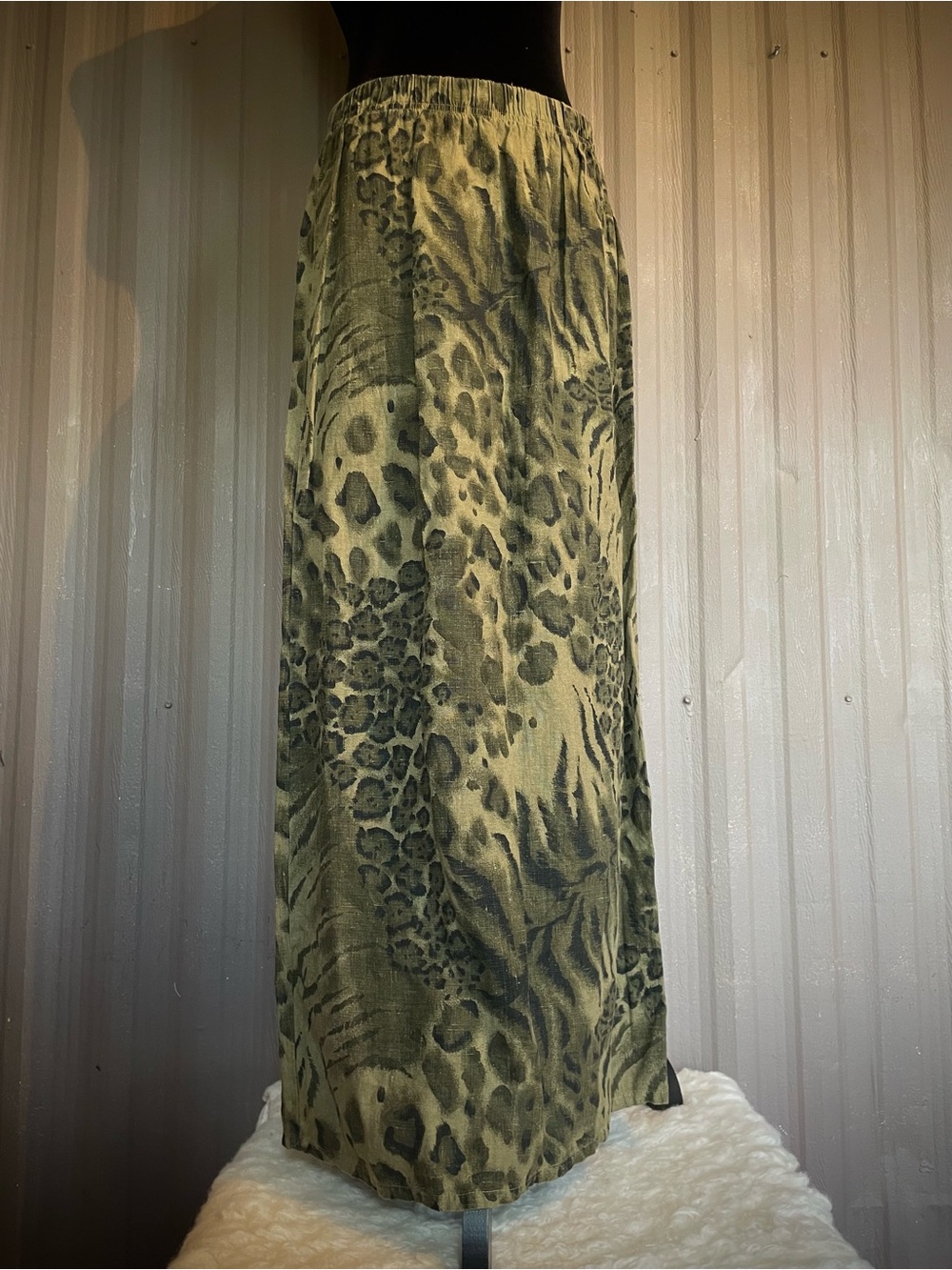 VTG 100% Linen HOT COTTON by Marc Ware Maxi Skirt Army Green Leopard Slit USA L